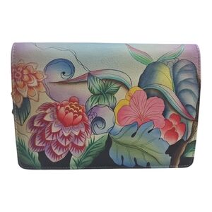 Anuschka Hand Painted Whimsical Garden Small Wallet Purse With Crossbody Strap